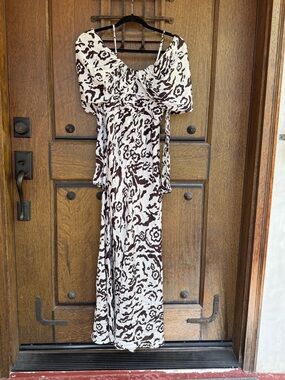 Self-Portrait White Maxi Dress with Brown Floral Print